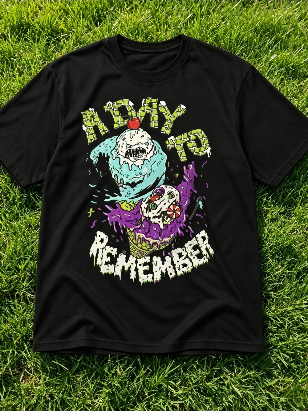 A disgusting black unisex horror streetwear T-shirt with an ice cream pattern.